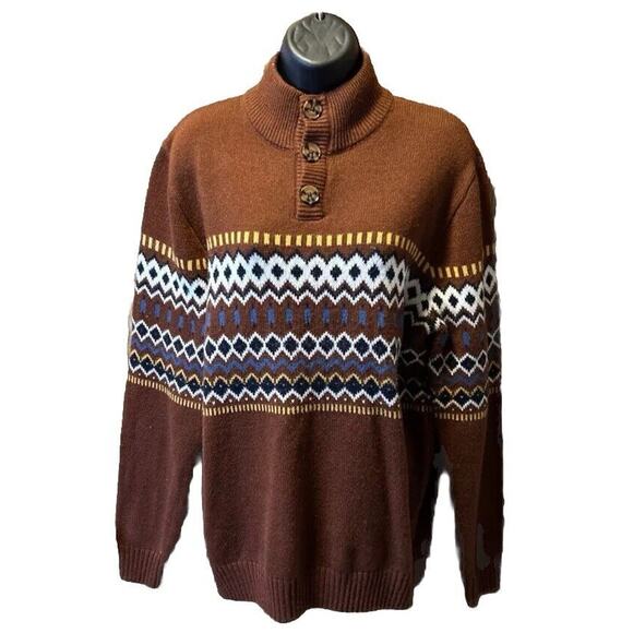 next Sweaters - Wool Knit Sweater Aztec Brown Women's Sz M Mock Neck Quarter Button By Next
